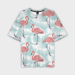 Мужская футболка оверсайз Узор фламинго и тропических растений