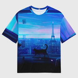 Футболка оверсайз мужская Кошка арт окно, цвет: 3D-принт