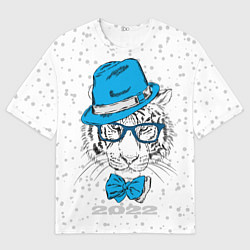 Футболка оверсайз мужская Белый тигр в синей шляпе, цвет: 3D-принт