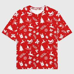 Мужская футболка оверсайз НОВОГОДНИЙ УЗОР КРАСНО БЕЛЫЙ