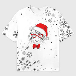 Мужская футболка оверсайз Новогодний тигр летящие снежинки