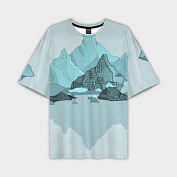 Мужская футболка оверсайз Голубой горный пейзаж с темно-серыми тенями
