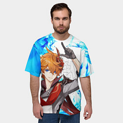 Футболка оверсайз мужская ТАРТАЛЬЯ ГЕНШИН ИМПАКТ ГОЛУБОЕ ПЛАМЯ FIRE, цвет: 3D-принт — фото 2
