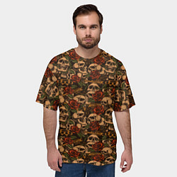 Футболка оверсайз мужская Черепа с оружием и розами, цвет: 3D-принт — фото 2
