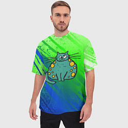 Футболка оверсайз мужская Прикольный зеленый кот, цвет: 3D-принт — фото 2