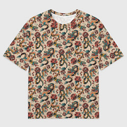 Мужская футболка оверсайз ДРАКОН И РОЗА