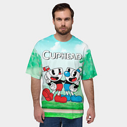 Футболка оверсайз мужская Cuphead Красная и синяя чашечка, цвет: 3D-принт — фото 2