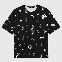 Мужская футболка оверсайз Нотные Знаки Белые на Черном