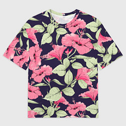 Футболка оверсайз мужская Цветы Розовые Гибискусы На Тёмно-Синем Фоне, цвет: 3D-принт