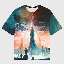 Футболка оверсайз мужская Stellaris космические корабли на фоне башни, цвет: 3D-принт