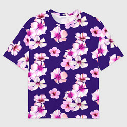 Футболка оверсайз мужская Цветы Розовые Гибискус На Синем Фоне, цвет: 3D-принт