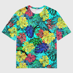 Футболка оверсайз мужская Тропические растения на бирюзовом фоне, цвет: 3D-принт