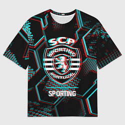 Футболка оверсайз мужская Sporting FC в стиле Glitch на темном фоне, цвет: 3D-принт
