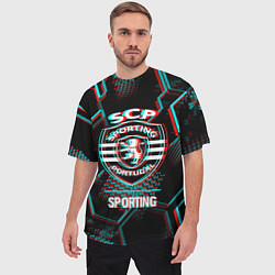 Футболка оверсайз мужская Sporting FC в стиле Glitch на темном фоне, цвет: 3D-принт — фото 2