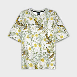 Мужская футболка оверсайз Цветы Жёлтые С Птицами