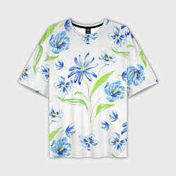 Мужская футболка оверсайз Цветы Синие Нарисованные Карандашами