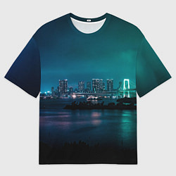 Мужская футболка оверсайз Неоновый город с рекой - Светло-зелёный