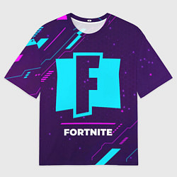 Футболка оверсайз мужская Символ Fortnite в неоновых цветах на темном фоне, цвет: 3D-принт