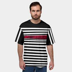 Футболка оверсайз мужская Полосатый современный черно-белый с красной вставк, цвет: 3D-принт — фото 2