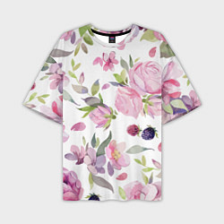 Мужская футболка оверсайз Летний красочный паттерн из цветков розы и ягод еж