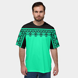Футболка оверсайз мужская Черные кружева на ярком неоновом зеленом фоне lace, цвет: 3D-принт — фото 2