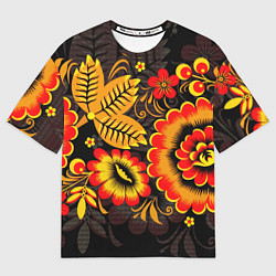 Мужская футболка оверсайз Хохломская Роспись Цветы На Тёмном Фоне