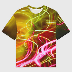 Футболка оверсайз мужская Неоновые линии и фонари - Жёлтый, цвет: 3D-принт