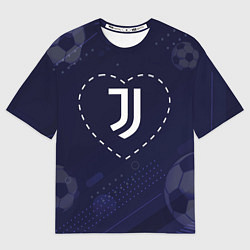 Футболка оверсайз мужская Лого Juventus в сердечке на фоне мячей, цвет: 3D-принт