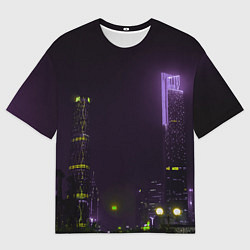 Футболка оверсайз мужская Неоновые высотки в городе - Фиолетовый, цвет: 3D-принт