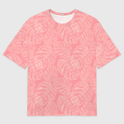 Мужская футболка оверсайз Бежевые листья монстеры на розовом