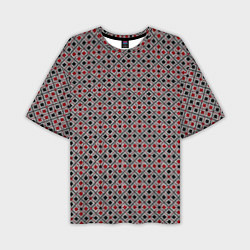 Мужская футболка оверсайз Красный, черный квадраты на гранжевом сером