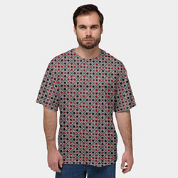 Футболка оверсайз мужская Красный, черный квадраты на гранжевом сером, цвет: 3D-принт — фото 2