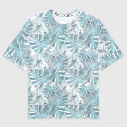 Мужская футболка оверсайз Голубые листья пальмы на белом