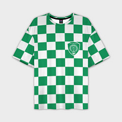 Футболка оверсайз мужская ФК Ахмат на фоне бело зеленой формы в квадрат, цвет: 3D-принт