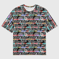 Футболка оверсайз мужская Листья монстеры на черном в полоску, цвет: 3D-принт