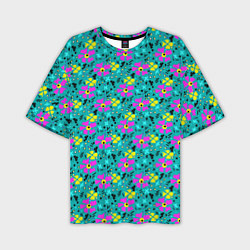 Мужская футболка оверсайз Яркий цветочный узор на бирюзовом фоне