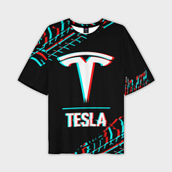 Футболка оверсайз мужская Значок Tesla в стиле Glitch на темном фоне, цвет: 3D-принт