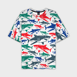 Футболка оверсайз мужская Стая разноцветных акул - паттерн, цвет: 3D-принт