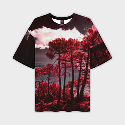 Мужская футболка оверсайз Абстрактные красные деревья и облака