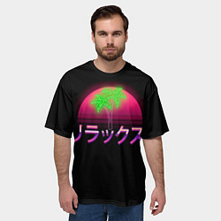 Футболка оверсайз мужская Неоновый ретро закат - relax: иероглифы, цвет: 3D-принт — фото 2