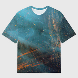 Футболка оверсайз мужская Абстрактная тёмно-синяя краска с оранжевыми мазкам, цвет: 3D-принт