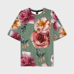 Мужская футболка оверсайз Цветы Нарисованные Розы и Пионы