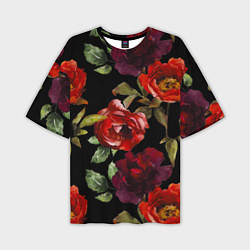 Мужская футболка оверсайз Цветы Нарисованные Розы На Чёрном Фоне