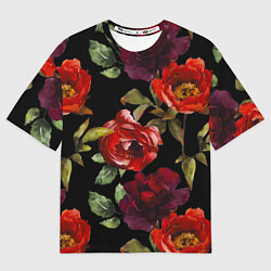Футболка оверсайз мужская Цветы Нарисованные Розы На Чёрном Фоне, цвет: 3D-принт