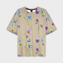 Мужская футболка оверсайз Нарисованные Цветы Колокольчики и Пчёлы