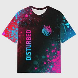 Футболка оверсайз мужская Disturbed - neon gradient: символ и надпись вертик, цвет: 3D-принт
