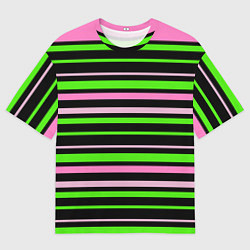 Мужская футболка оверсайз Полосаты узор в зелено-розовых оттенках на черном