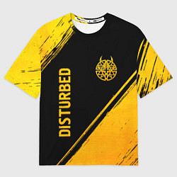Мужская футболка оверсайз Disturbed - gold gradient: символ и надпись вертик