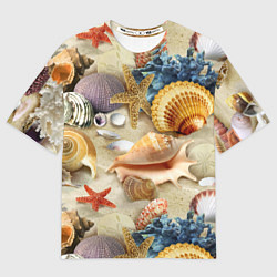 Мужская футболка оверсайз Морские раковины, кораллы, морские звёзды на песке