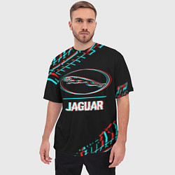 Футболка оверсайз мужская Значок Jaguar в стиле glitch на темном фоне, цвет: 3D-принт — фото 2